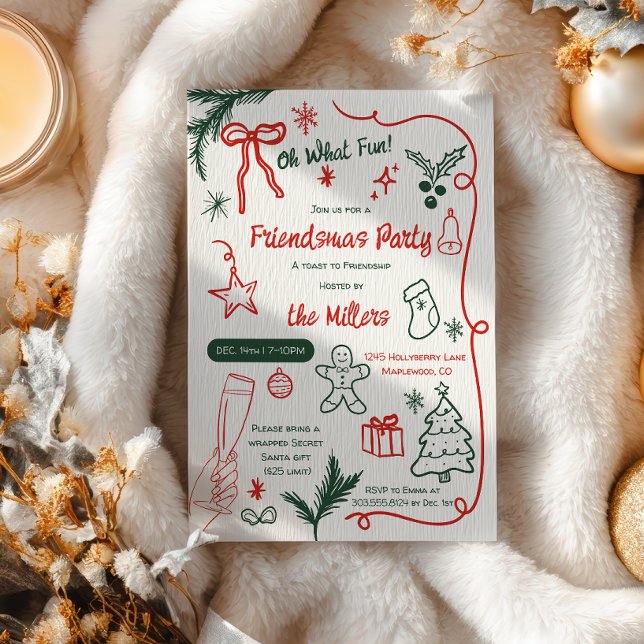 Convites Natal dos Amigos Ilustrado e Excêntrico em Vermelh (Quirky Illustrated Red Green Friendsmas Christmas Invitation)