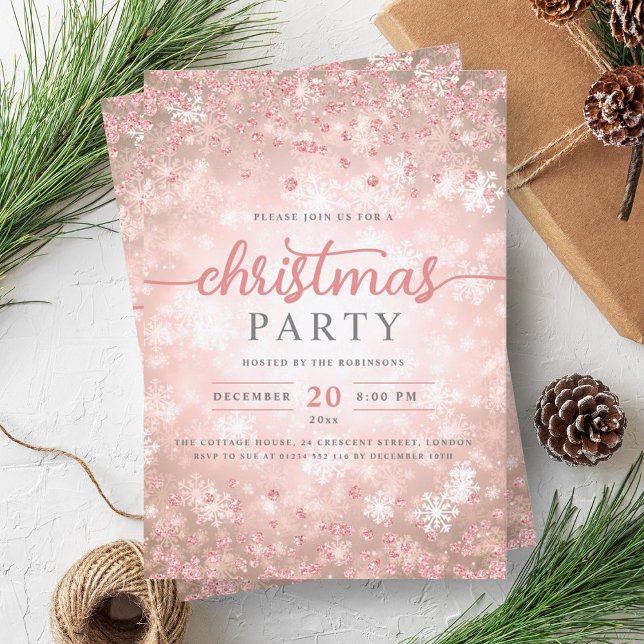 Convites Natal dos Ouros de inverno da Rosa Dourada Elegant (Elegant Rose Gold Winter Diamonds Christmas Invitation)