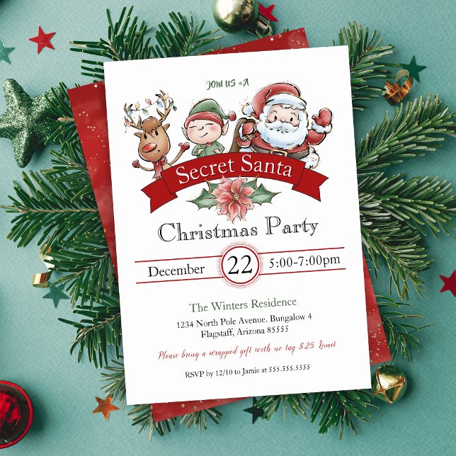 Convites Natal dos Papais noeis Secretos de Troca de Presen (cute secret santa party invitations for holiday office party or gift exchange white elephant party)
