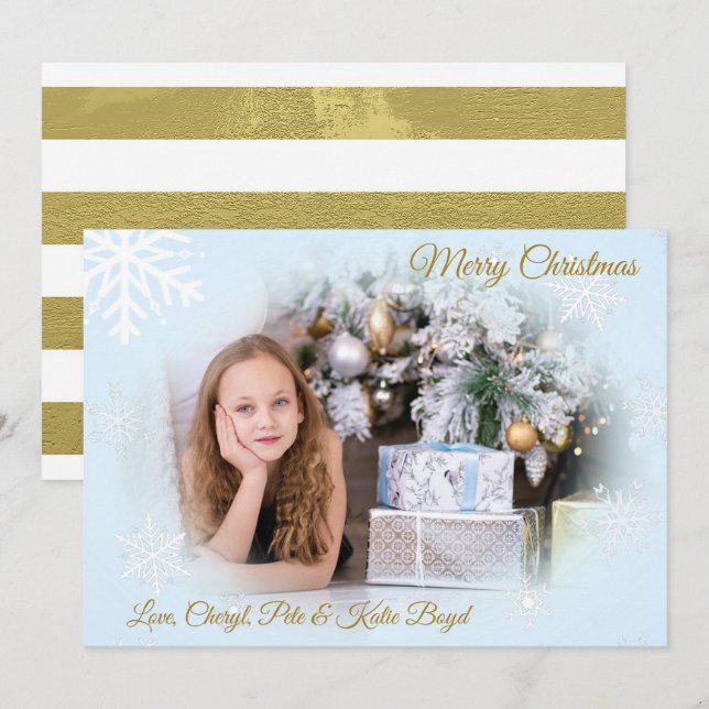 Convites Natal Dourado e Azul com Foto Personalizada (Frente/Verso)