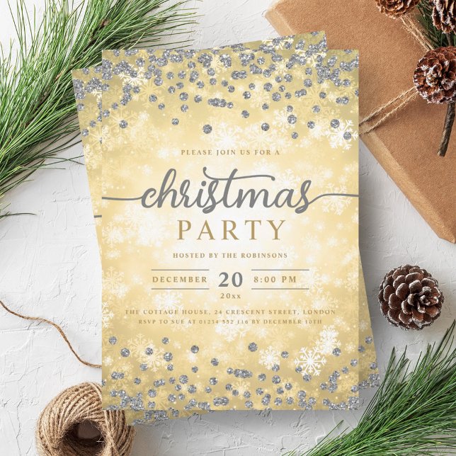 Convites Natal Dourado Elegante dos Diamantes de Inverno (Elegant Gold Winter Silver Diamonds Christmas Invitation)
