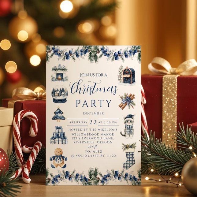 Convites Natal Elegante em Azul com Chinoiserie (Criador carregado)