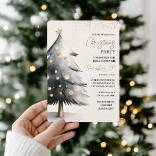 Convites Natal em Aquarela Preto e Dourado Elegante