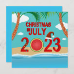 Convites Natal em julho de 2023 Watermelon Beach<br><div class="desc">A ilustração do Natal de julho de 2023,  com o número vermelho do ano 2023,  decorado com corrente luminosa colorida,  melancia fatiada e chapéu vermelho de Papai Noel. Exibido na praia com palmeiras e água oceânica.</div>