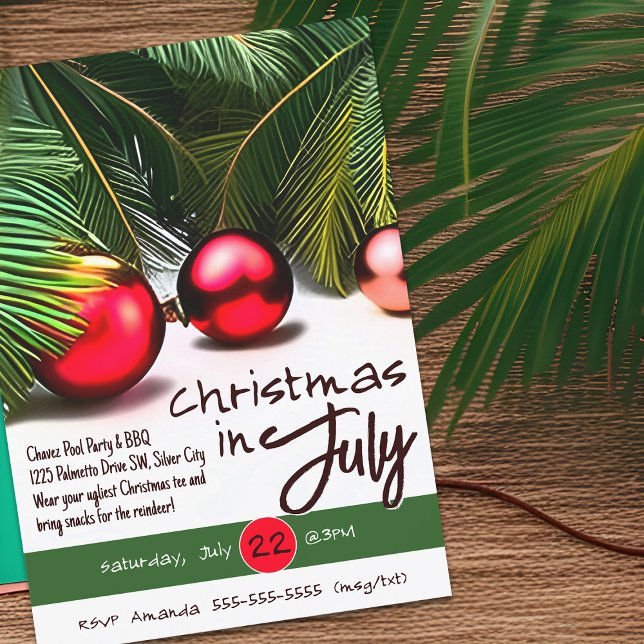 Convites Natal Em Julho Palmeira Enfeites Vermelhos Tropica (Christmas in July Palm trees and red ornaments)