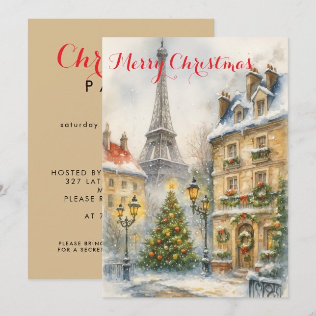 Convites Natal em Paris Torre Eiffel Inverno Personalizado (Frente/Verso)