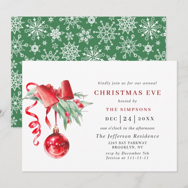 Convites NATAL Feriado de Ornamento de Aquarelas EVE (Frente/Verso)