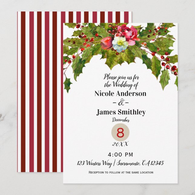 Convites Natal Férias Folhas de Azevinho Casamento de Inver (Frente/Verso)