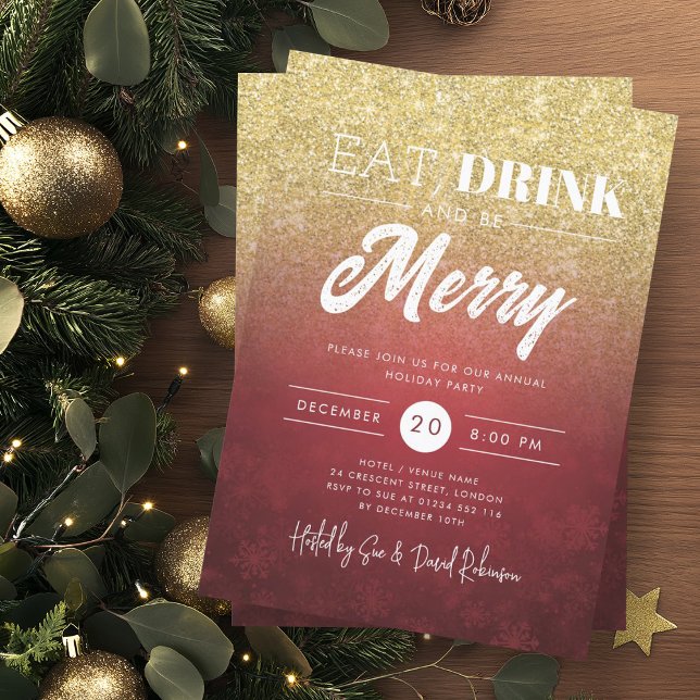 Convites Natal Festivo Comer & Beber Dourado Vermelho Festa (Festive Eat & Drink Gold Red Holiday Christmas Invitation)