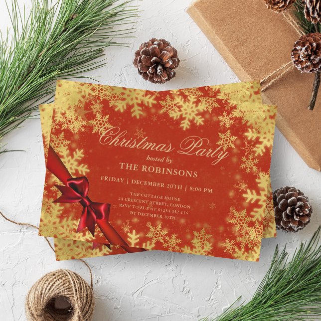 Convites Natal Festivo Dourado e Fita Vermelha (Festive Holiday Christmas Gold & Red Ribbon Invitation)