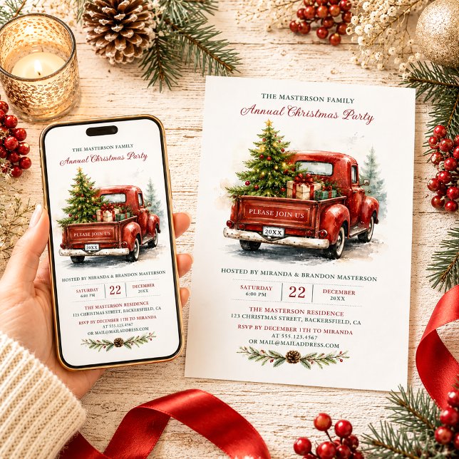 Convites Natal Fofo Caminhão Vermelho Antigo País Rústico (Criador carregado)