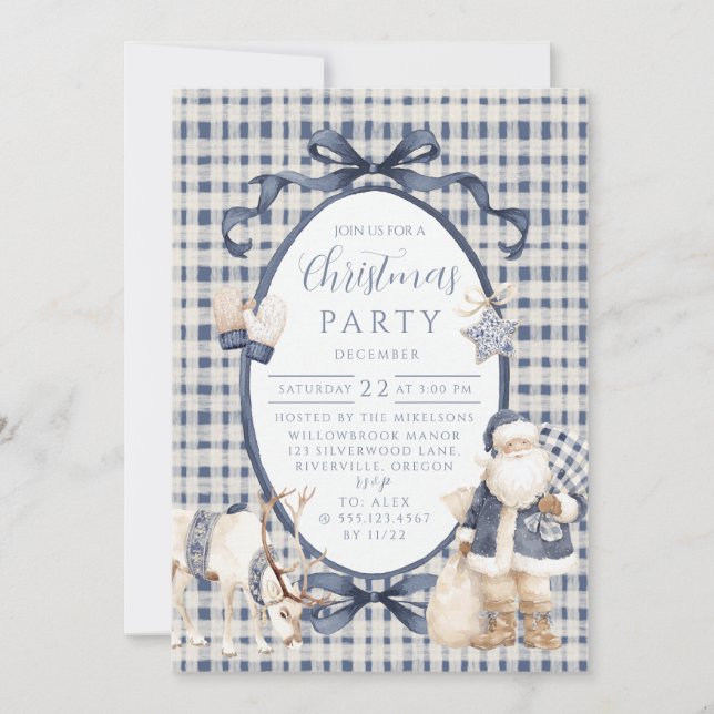 Convites Natal Gingham Azul-Marinho Papai Noel (Frente)