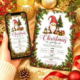 Convites Natal Gnomo Vermelho Azevinho Bagas Árvore Natal
