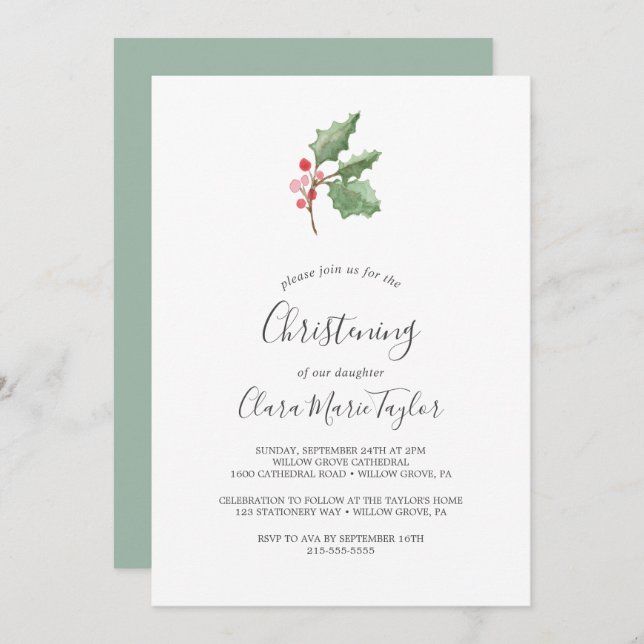 Convites Natal Greenery e Red Berry Christening (Frente/Verso)