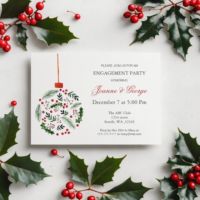 Convites Natal Holly Ornament Festa de noivado de inverno (Christmas Holly Ornament Winter Engagement Party Invitation)