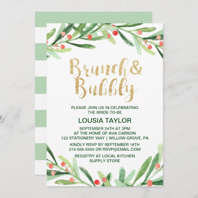 Convites Natal Holly Wreath Brunch e Bubble (Frente/Verso)