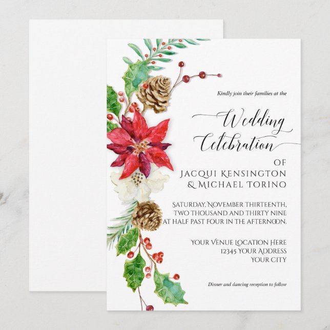 Convites Natal Inverno Vermelho Dourado Poinsettia Holly (Frente/Verso)