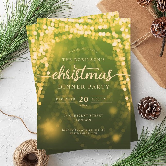 Convites Natal Luxuoso e Dourado das Luzes Verdes de invern (Luxurious Gold Green Winter Lights Christmas Invitation)