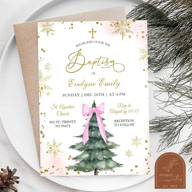Convites Natal Menina Rosa Dia de Batismo Inverno Nevado  (Criador carregado)