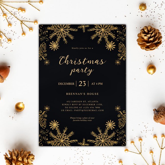 Convites Natal Moderno Elegante Preto E Dourado Festivo (Elegant Modern Christmas Black And Gold Festive Invitation)