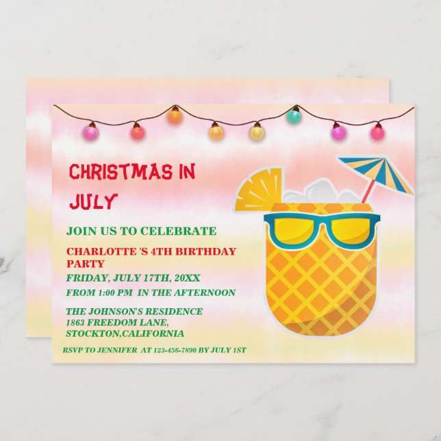 Convites Natal Na Festa de aniversário De Julho  (Frente/Verso)