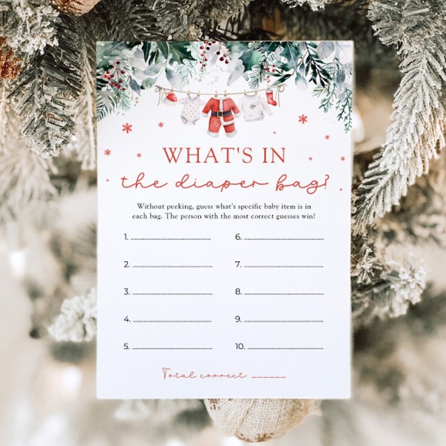 Convites Natal O que há no Chá de fraldas da Fralda (Watercolor Christmas Santa What's In The Diaper Bag Baby Shower Game)