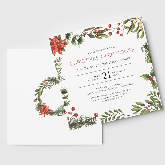 Convites Natal Open House Watercolor Berries Feriado (Christmas Open House Watercolor Berries Holiday Invitation)