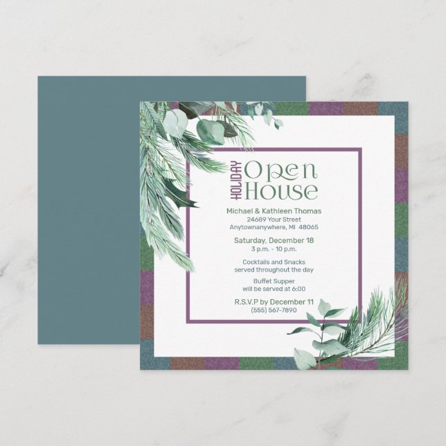 Convites Natal Open House Watercolor Foliage Modern (Frente/Verso)