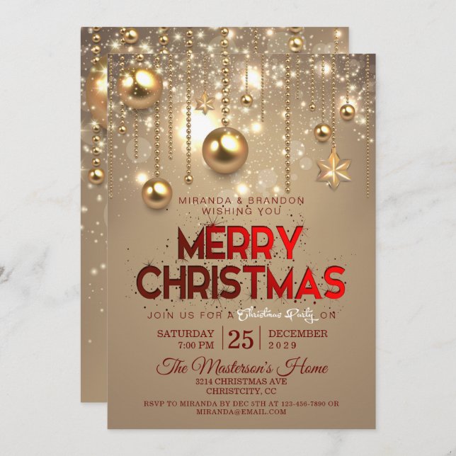 Convites natal ouro Baubles & Stars Natal (Frente/Verso)