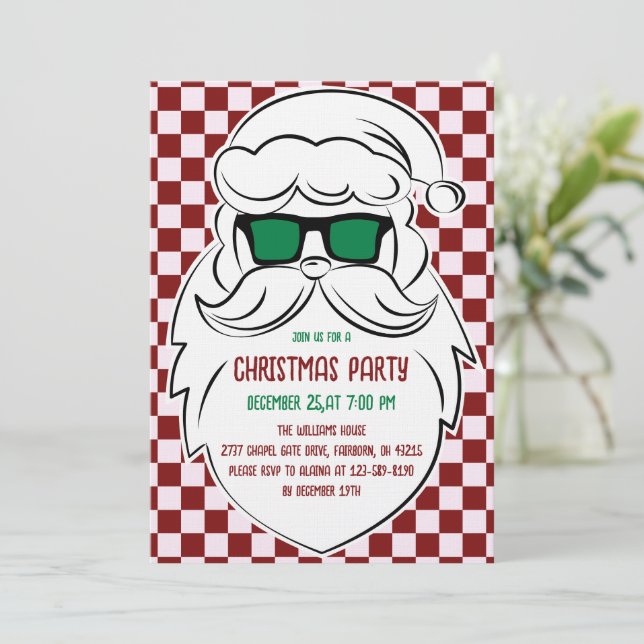 Convites Natal Papai Noel Xadrez Vermelho Rosa Retrô  (Em pé/Frente)