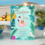 Convites Natal para o festival de piscinas tropical em julh<br><div class="desc">Apresentando nosso Natal festivo e divertido em julho Convite, perfeito para celebrar o espírito de feriado no meio do verão! Esse convite vibrante apresenta um design ilustrado lúdico com um flamingo rosa fazendo um chapéu de Papai Noel, flutuando numa piscina com folhas tropicais e elementos festivos como ornamentos e luzes....</div>