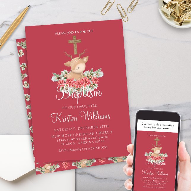 Convites Natal Pequeno Caro Batismo Cruzando Natal (Cute Little Dear Christmas Winter Baptism Invitaiton with Poinsettia and Pine Floral Script)