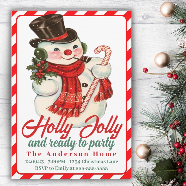Convites Natal Personalizado para Holly Jolly Snowman (Retro Vintage Holly Jolly Snowman Custom Christmas Invitation)