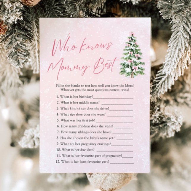 Convites Natal que conhece o melhor jogo de Chá de fraldas  (Pink Bows Christmas Who Knows Mommy Best Baby Shower Game )