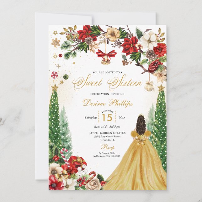 Convites Natal Red Dourado Poinsettia Doce Dezesseis (Frente)
