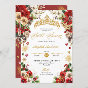 Convites Natal Red & Dourado Poinsettia Sweet 16