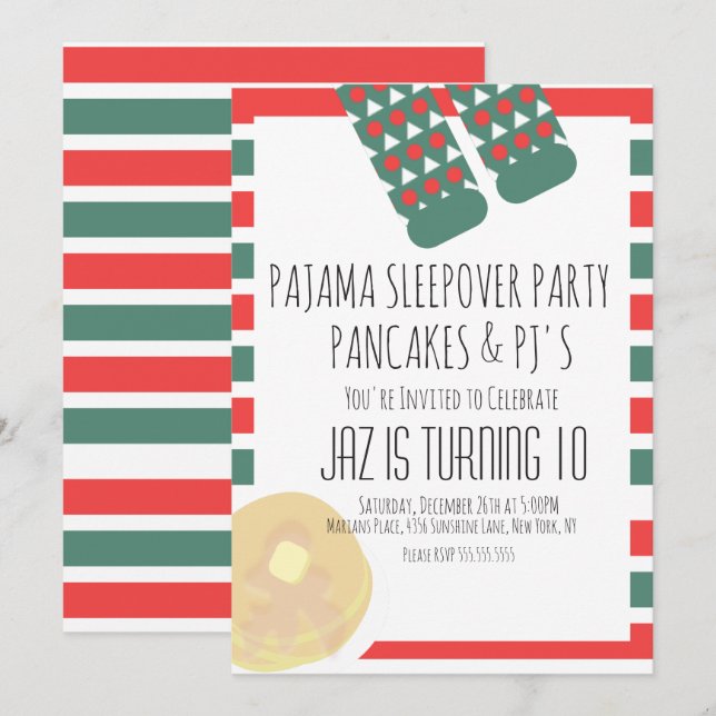 Convites Natal Sleepover Pajamas Pancakes Aniversário (Frente/Verso)