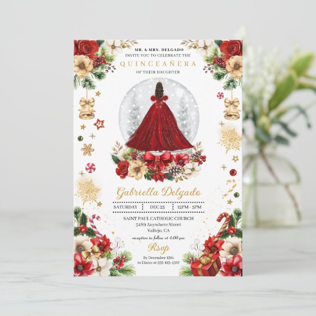 Convites Natal Snow Globe Princesa Winter Quinceañera (Em pé/Frente)