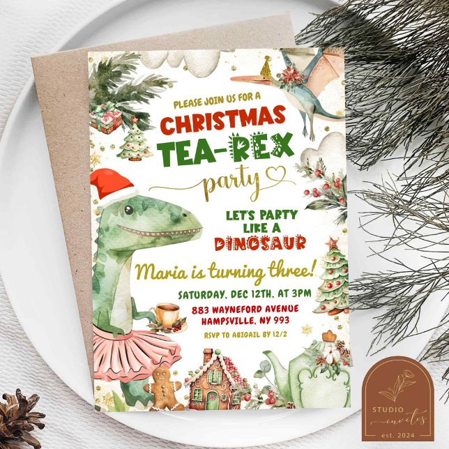 Convites Natal Tea-Rex Dinosaur Tutu Birthday Girl (Criador carregado)