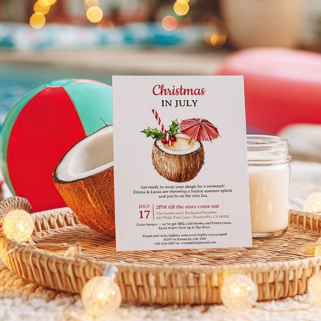 Convites Natal Tropical Red Coconut Beber em julho (Tropical Red Coconut Drink Christmas in July Invitation)