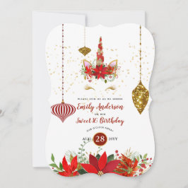 Convites Natal Unicórnio Rosto Aniversário Vermelho Dourado