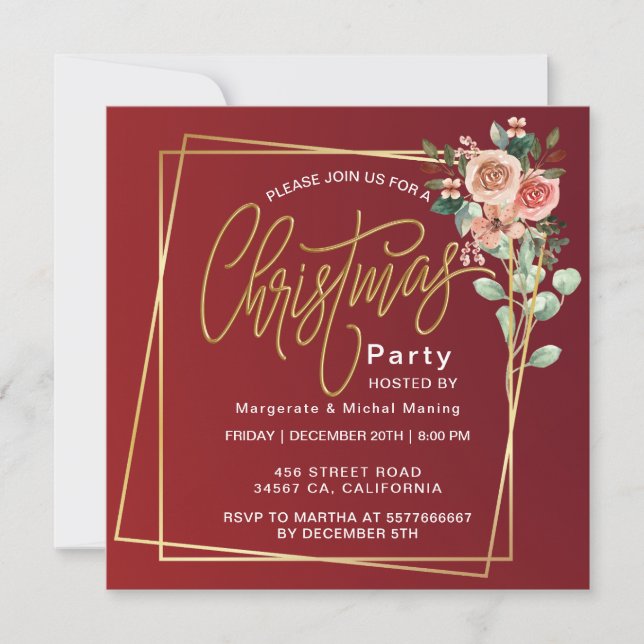 Convites Natal Vermelho com Quadro Floral Clássico (Frente)
