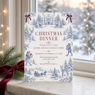 Convites Natal Vintage Azul Toile de Jouy Burgundy Laço de