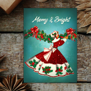 Convites Natal vintage decoração de garota vermelha