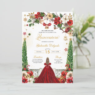 Convites Natal Winter Poinsettia Red Dourado Quinceanera