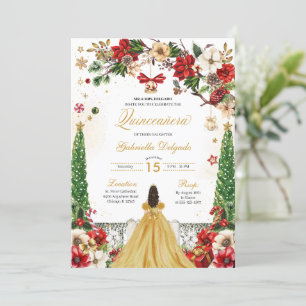 Convites Natal Winter Poinsettia Red Dourado Quinceanera