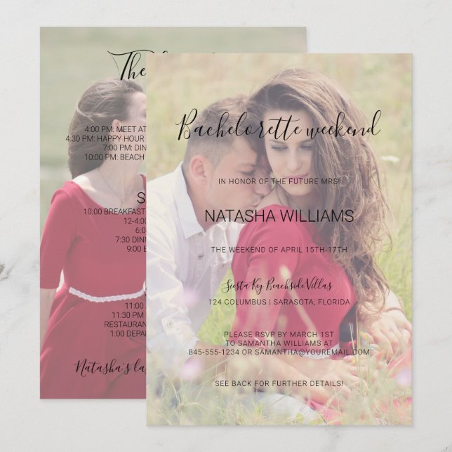 Convites Natasha 2 Photo Bachelorette Weekend & Itinerary (Frente/Verso)