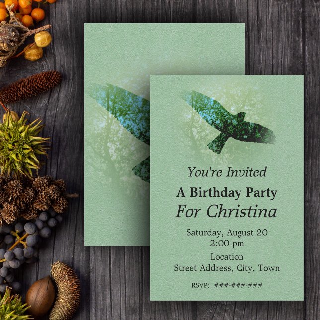 Convites Nature Green Trees Bird Soaring Crow Aniversário (Flying transparent black crow in  faded treetops on green Birthday party invitations.)