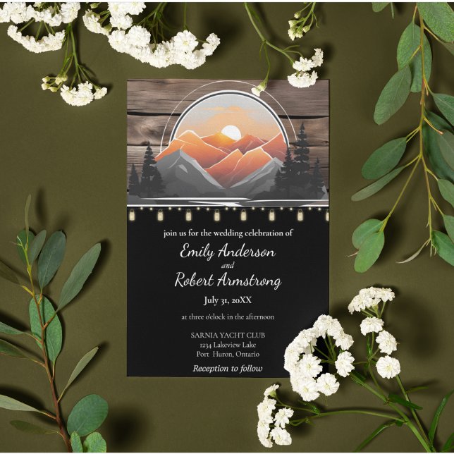 Convites Natureza do Sol no Vale do Montanha Russo (Mountain Forest Sunset Lakeside Wedding Invitation Suite.)