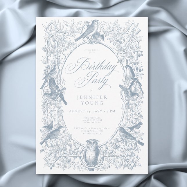 Convites Natureza e Aves Azuis Elegantes (Elegant Blue Chinoiserie Nature & Birds Birthday Invitation)